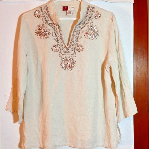 JM Collection 100% Linen Embellished Tunic - Picture 1 of 4